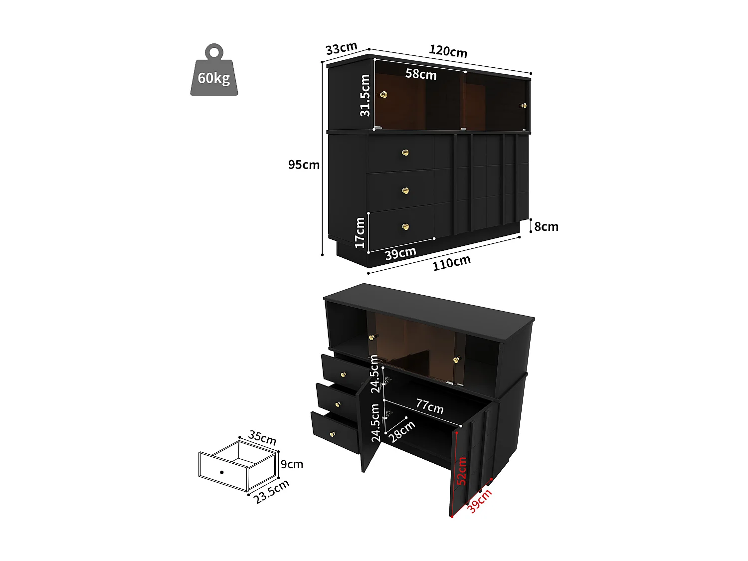 Dressoir, keukenkast met 4 deuren en 3 laden - 120 x 33 x 95 cm - MDF hout en deuren van gerookt glas - Zwart