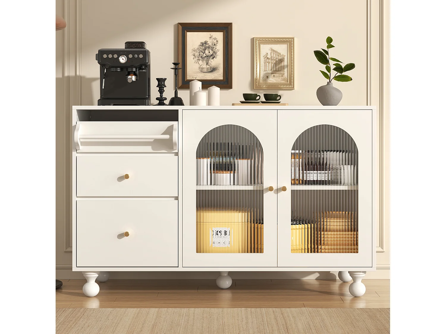 Dressoir, keukenkast met 2 deuren, 3 lades en handdoekenrek - 120 x 40 x 75,5 cm - MDF hout - Wit