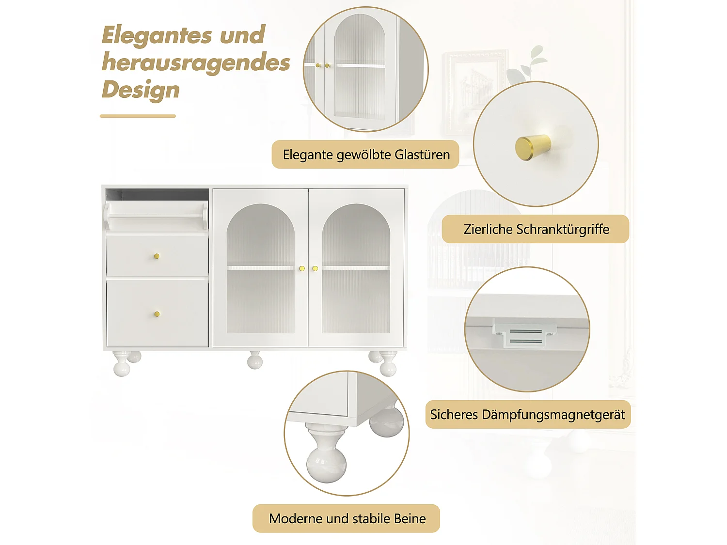 Dressoir, keukenkast met 2 deuren, 3 lades en handdoekenrek - 120 x 40 x 75,5 cm - MDF hout - Wit