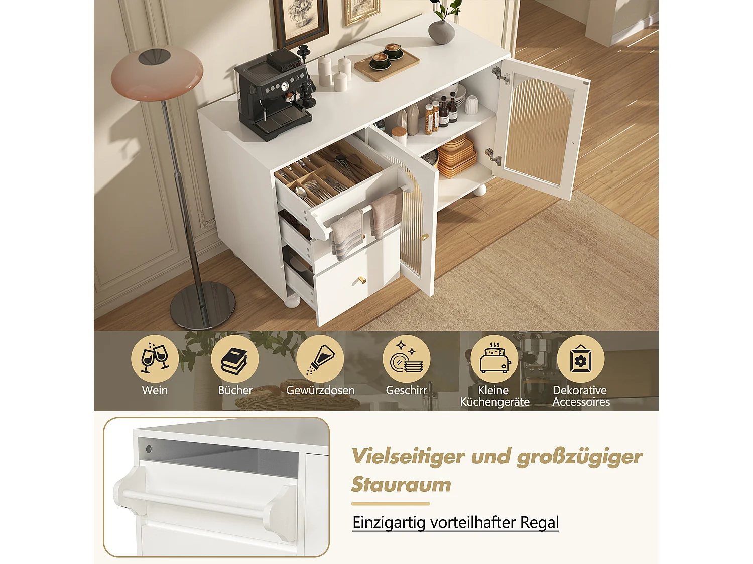 Dressoir, keukenkast met 2 deuren, 3 lades en handdoekenrek - 120 x 40 x 75,5 cm - MDF hout - Wit