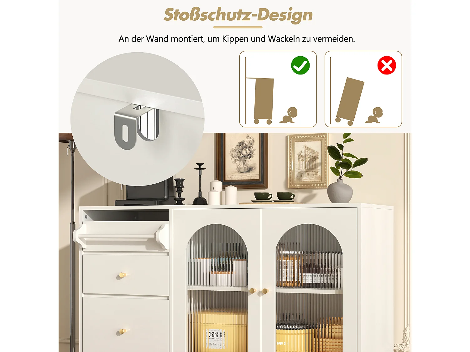 Dressoir, keukenkast met 2 deuren, 3 lades en handdoekenrek - 120 x 40 x 75,5 cm - MDF hout - Wit