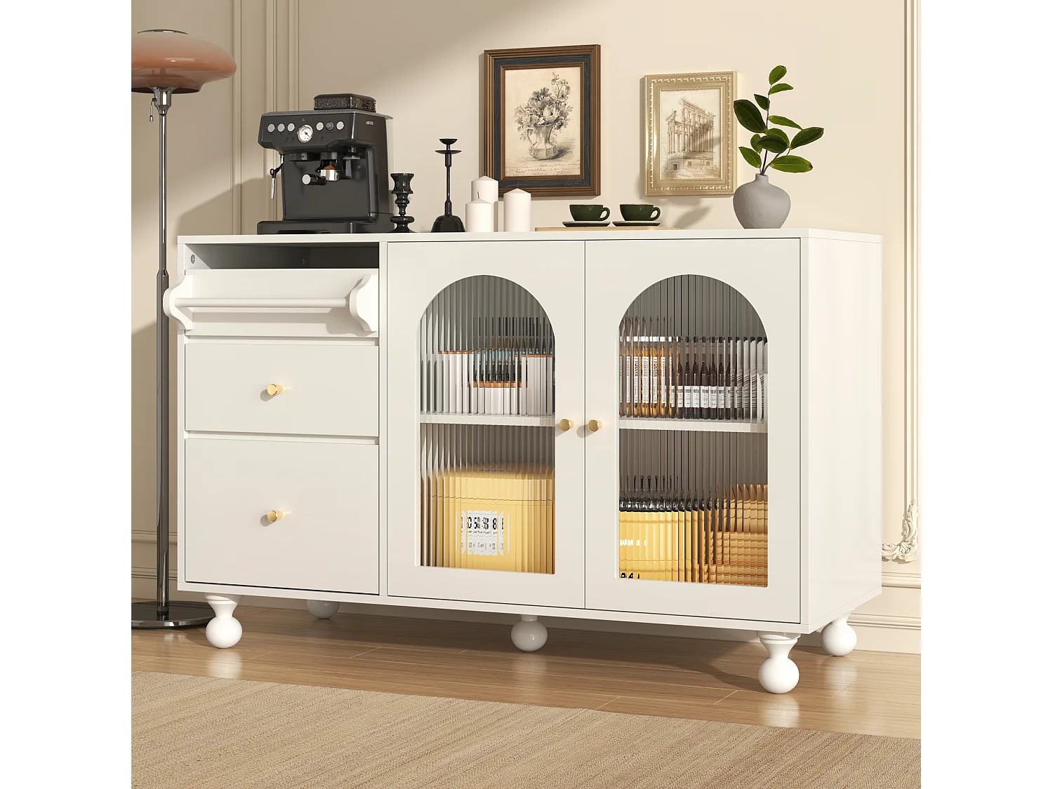 Aparador, mueble de cocina con 2 puertas, 3 cajones y toallero - 120 x 40 x 75,5 cm - Madera MDF - Blanco