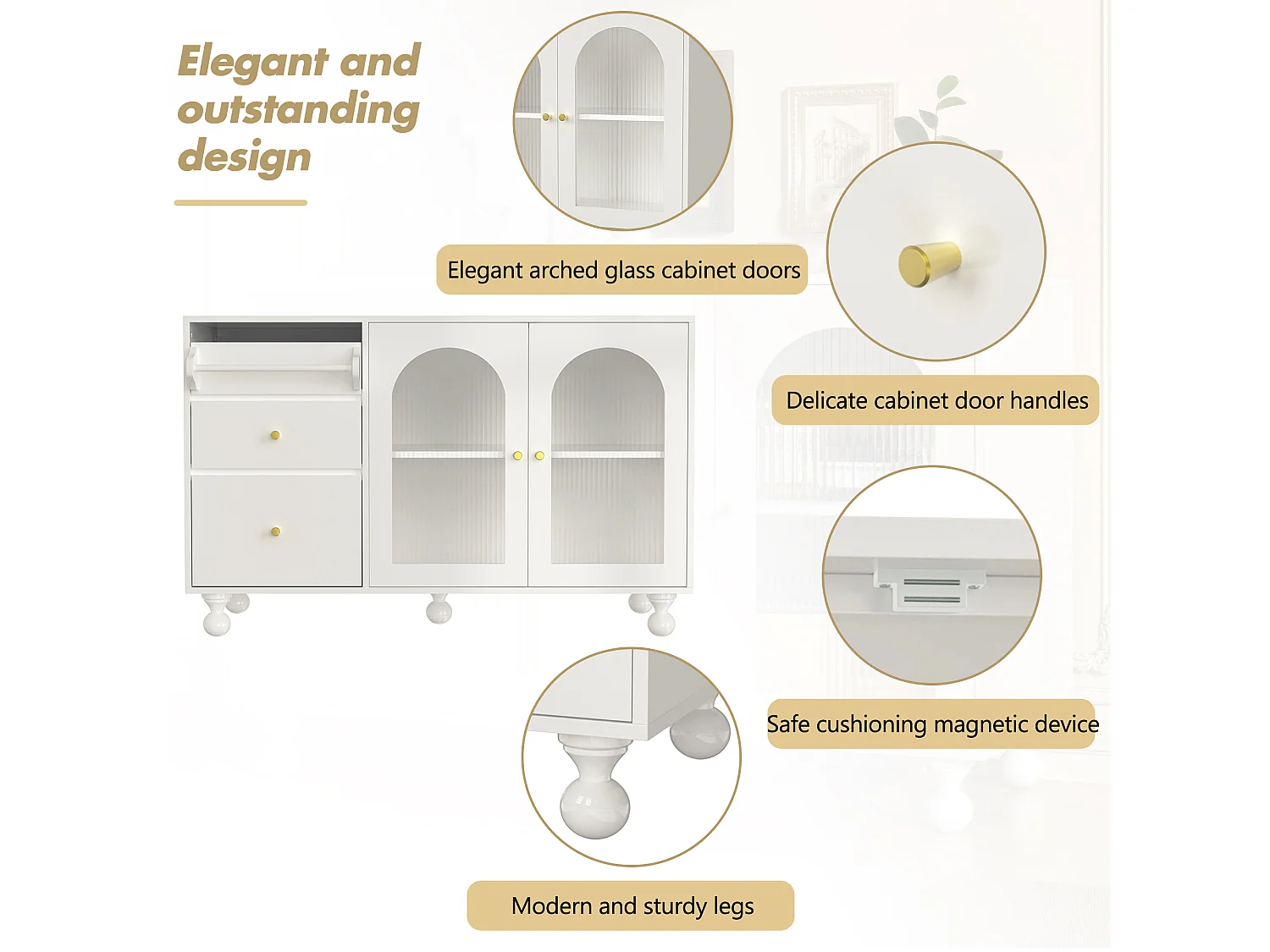 Aparador, mueble de cocina con 2 puertas, 3 cajones y toallero - 120 x 40 x 75,5 cm - Madera MDF - Blanco