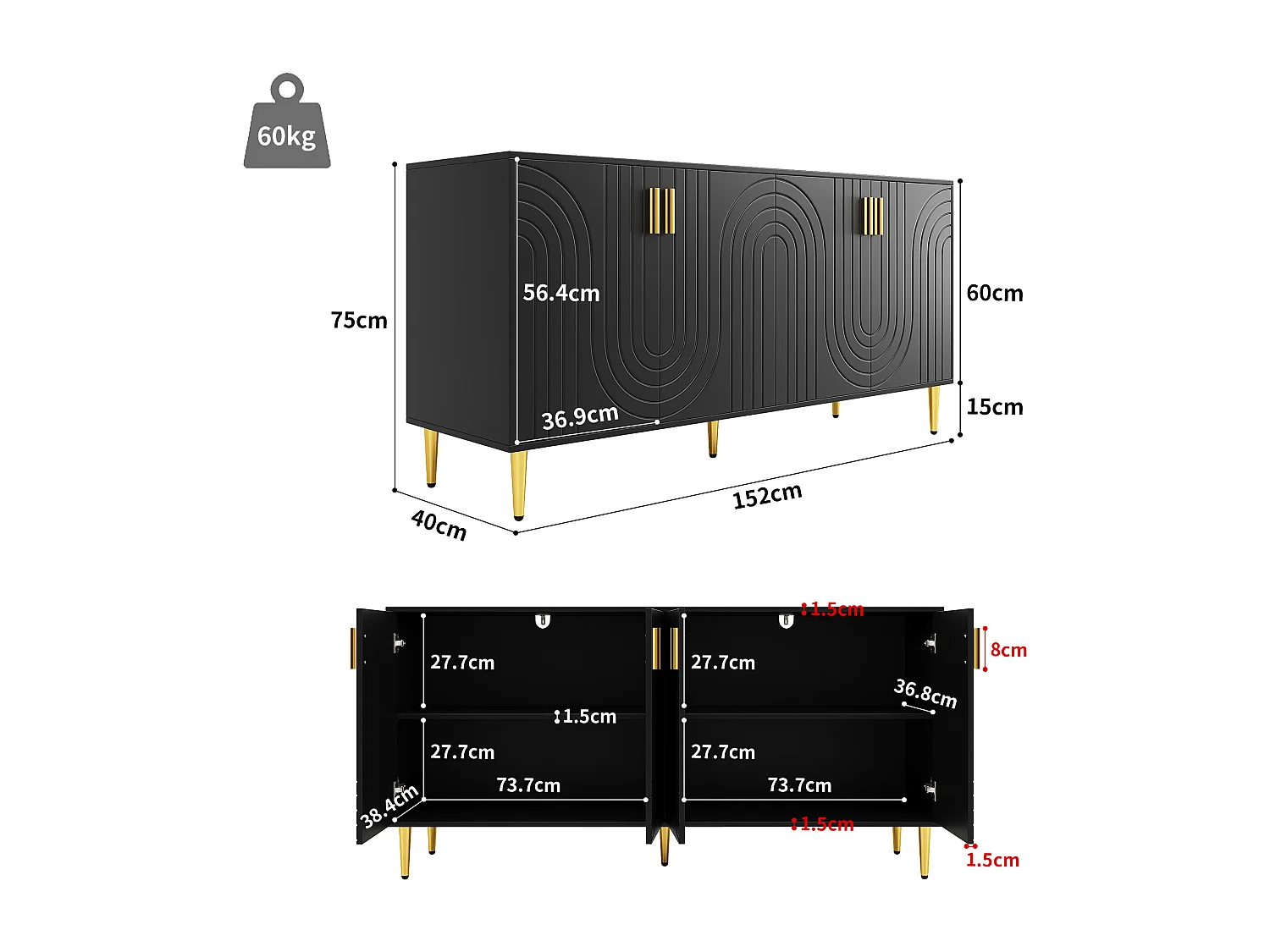 Credenza con 4 ante - 152 x 40 x 75 cm - Legno MDF - Design ondulato - Nero