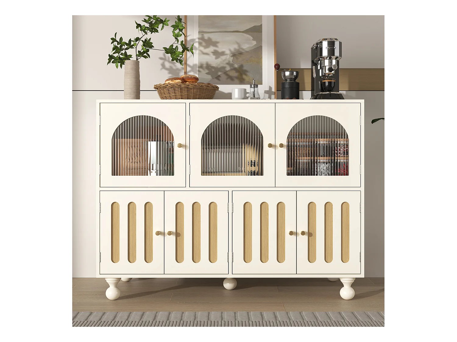 Modern dressoir met 7 deuren - 120 x 40 x 90 cm - MDF hout - Voor woonkamer, keuken - Wit + licht eiken