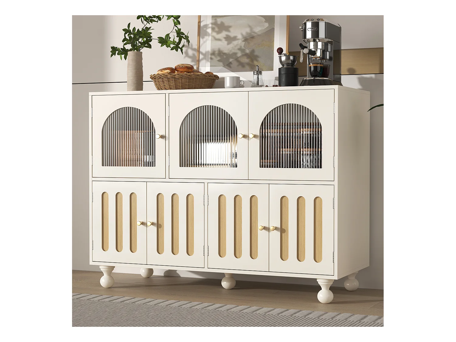 Modern dressoir met 7 deuren - 120 x 40 x 90 cm - MDF hout - Voor woonkamer, keuken - Wit + licht eiken