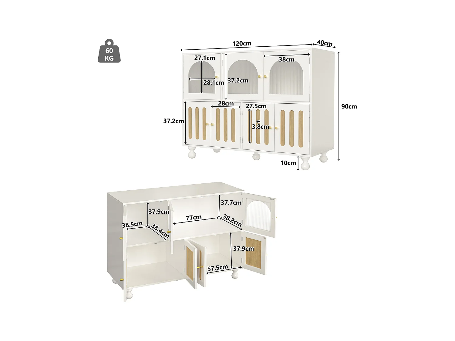 Modern dressoir met 7 deuren - 120 x 40 x 90 cm - MDF hout - Voor woonkamer, keuken - Wit + licht eiken