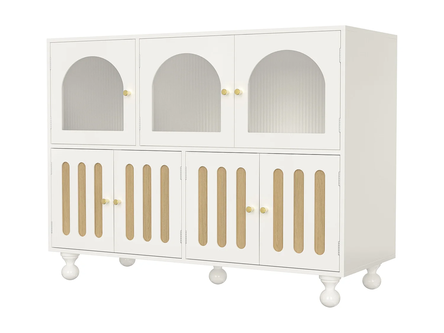 Modern dressoir met 7 deuren - 120 x 40 x 90 cm - MDF hout - Voor woonkamer, keuken - Wit + licht eiken