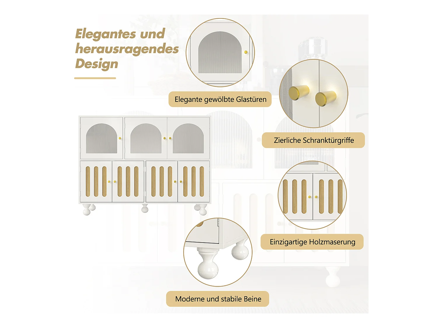 Modern dressoir met 7 deuren - 120 x 40 x 90 cm - MDF hout - Voor woonkamer, keuken - Wit + licht eiken