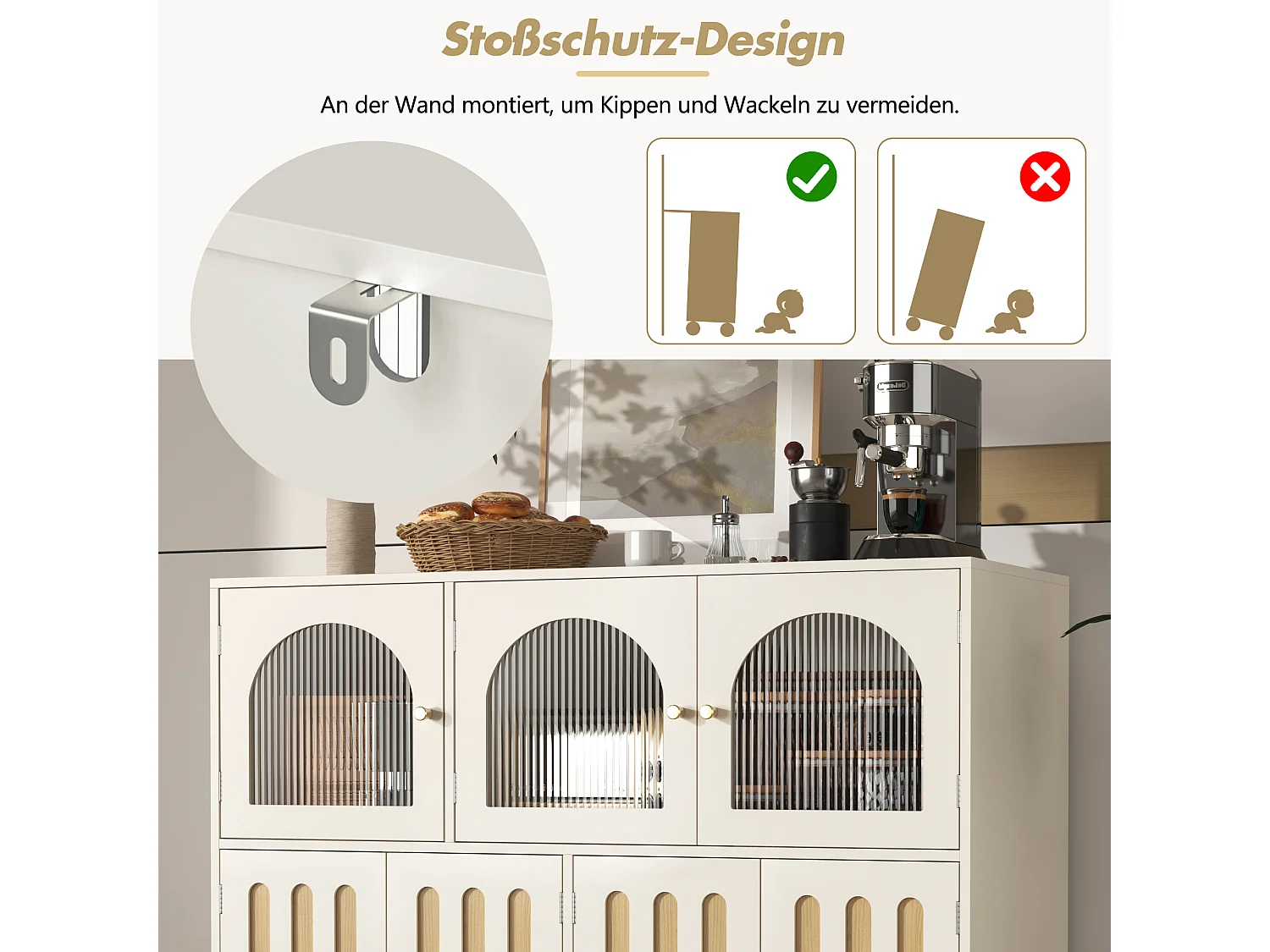 Modern dressoir met 7 deuren - 120 x 40 x 90 cm - MDF hout - Voor woonkamer, keuken - Wit + licht eiken