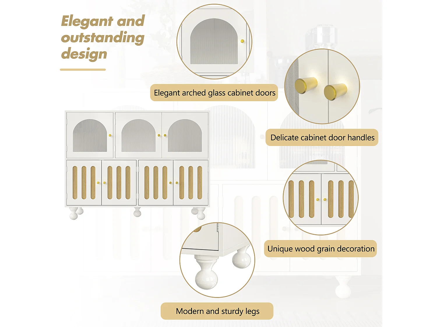 Modern dressoir met 7 deuren - 120 x 40 x 90 cm - MDF hout - Voor woonkamer, keuken - Wit + licht eiken