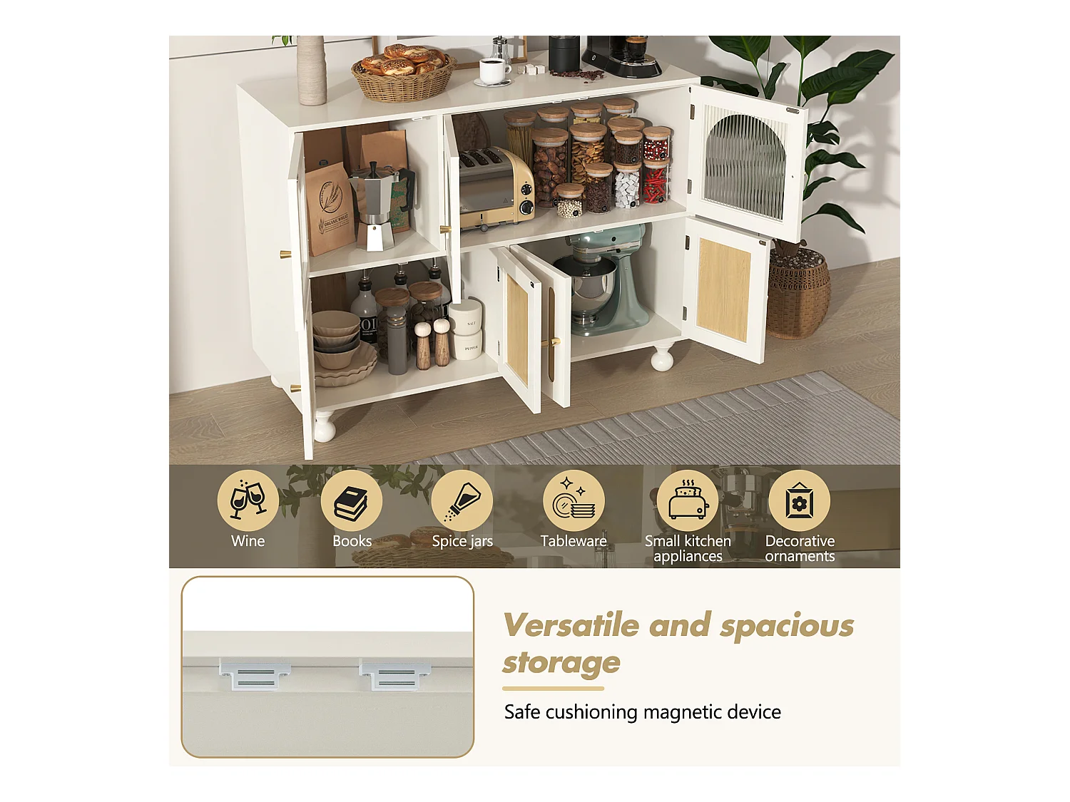 Modern dressoir met 7 deuren - 120 x 40 x 90 cm - MDF hout - Voor woonkamer, keuken - Wit + licht eiken