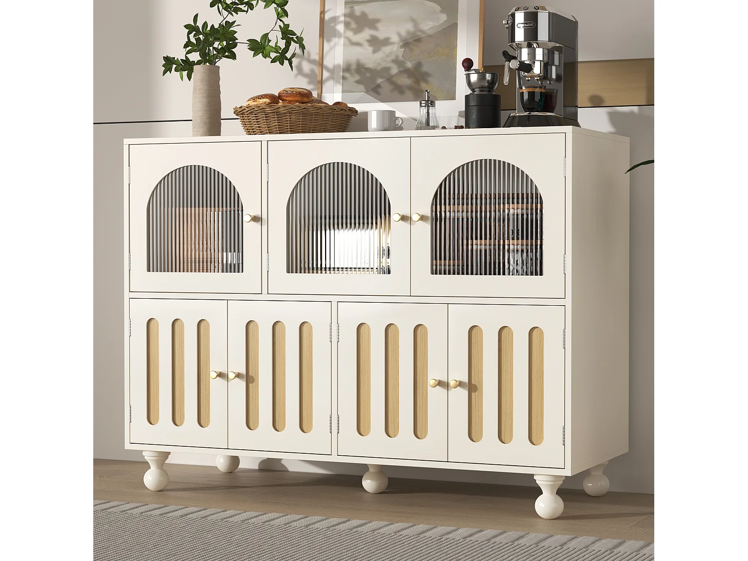 Modernes Sideboard mit 7 Türen – 120 x 40 x 90 cm – MDF-Holz – Für Wohnzimmer, Küche – Weiß + helle Eiche