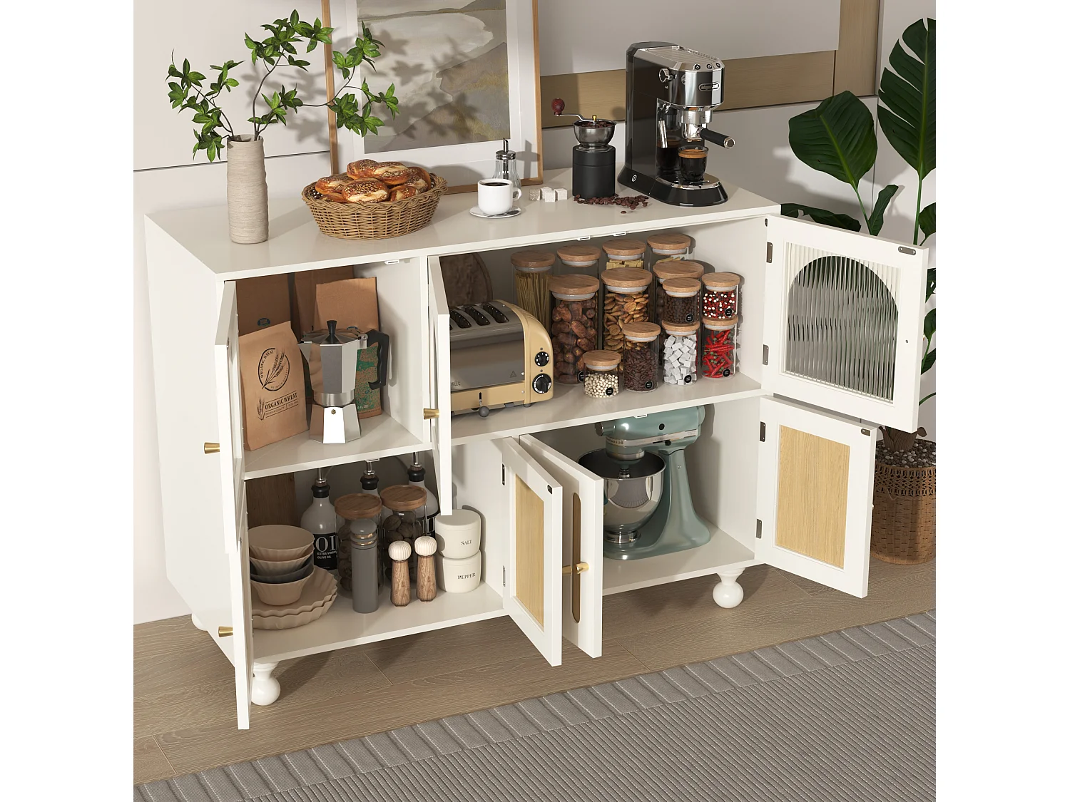 Modernes Sideboard mit 7 Türen – 120 x 40 x 90 cm – MDF-Holz – Für Wohnzimmer, Küche – Weiß + helle Eiche