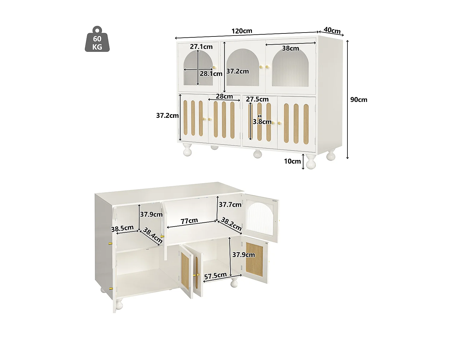 Modernes Sideboard mit 7 Türen – 120 x 40 x 90 cm – MDF-Holz – Für Wohnzimmer, Küche – Weiß + helle Eiche