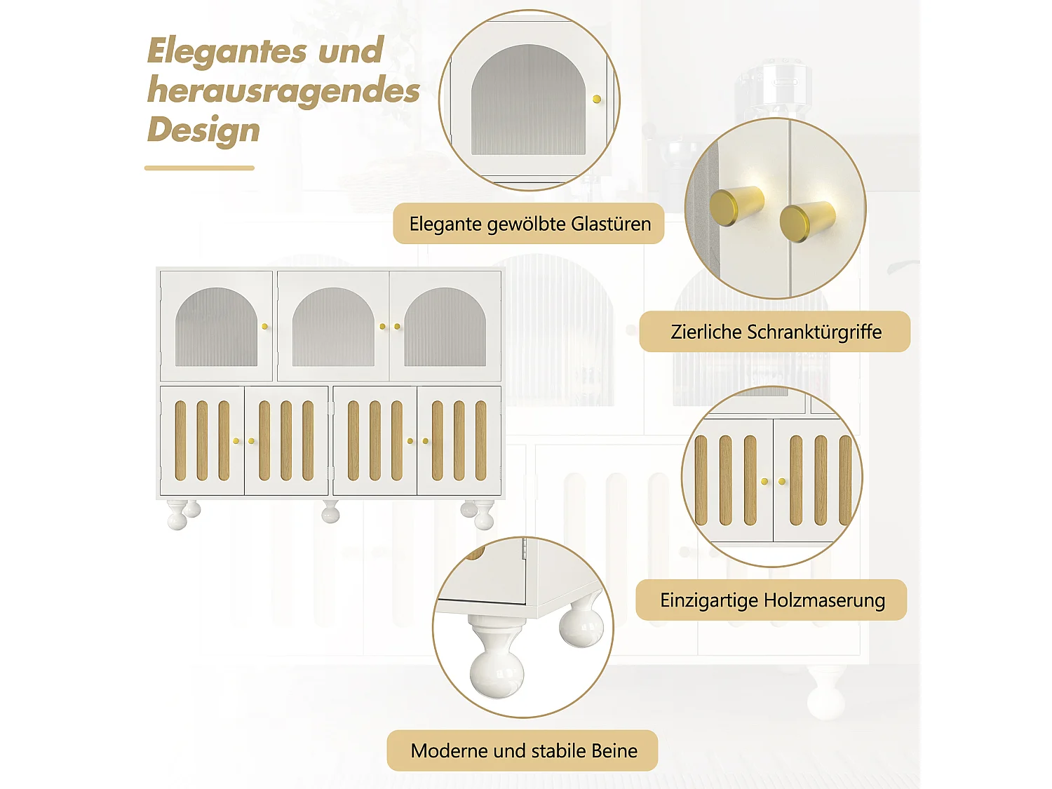 Modernes Sideboard mit 7 Türen – 120 x 40 x 90 cm – MDF-Holz – Für Wohnzimmer, Küche – Weiß + helle Eiche