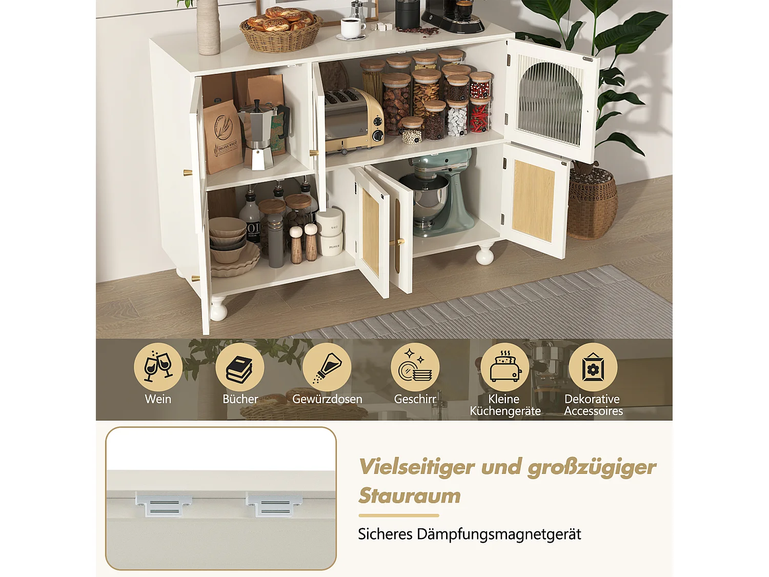 Modernes Sideboard mit 7 Türen – 120 x 40 x 90 cm – MDF-Holz – Für Wohnzimmer, Küche – Weiß + helle Eiche