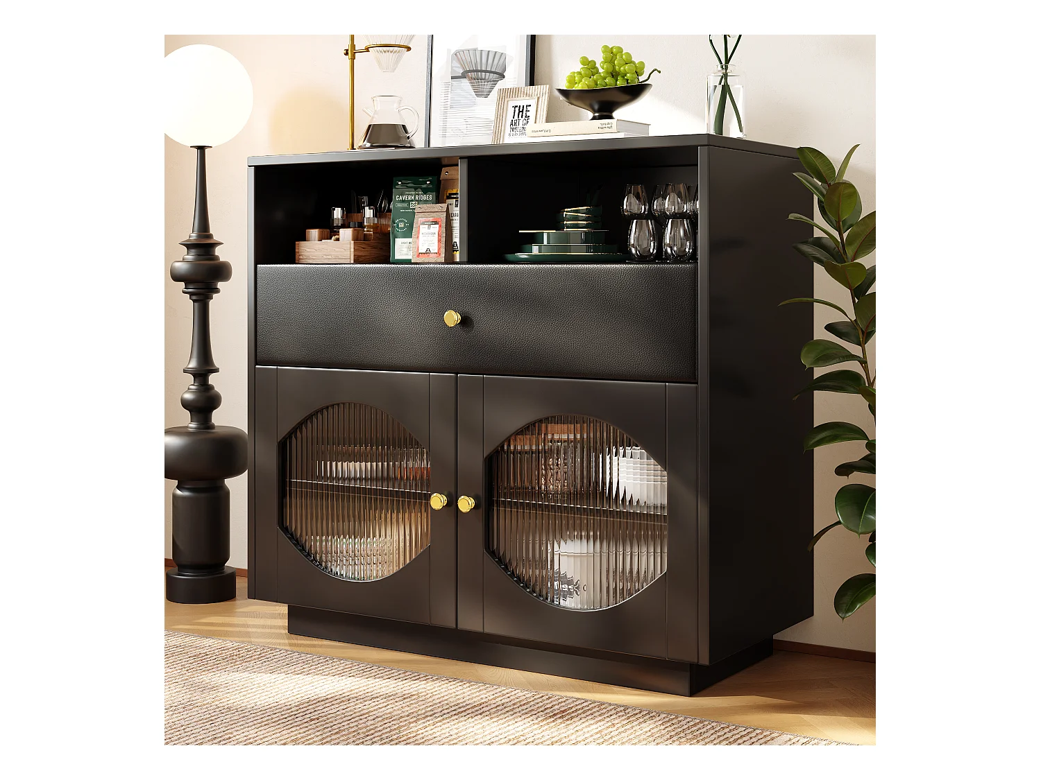 Credenza, mobile da cucina con 2 ante, 1 cassetto e 1 vano aperto - 100 x 40 x 90,5 cm - Legno MDF e vetro - Nero
