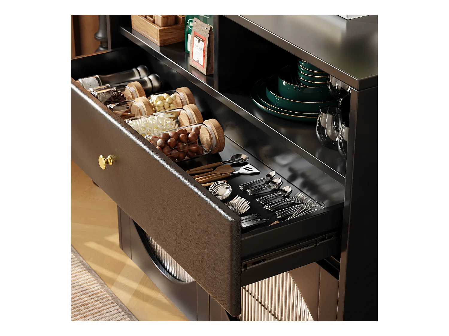 Credenza, mobile da cucina con 2 ante, 1 cassetto e 1 vano aperto - 100 x 40 x 90,5 cm - Legno MDF e vetro - Nero