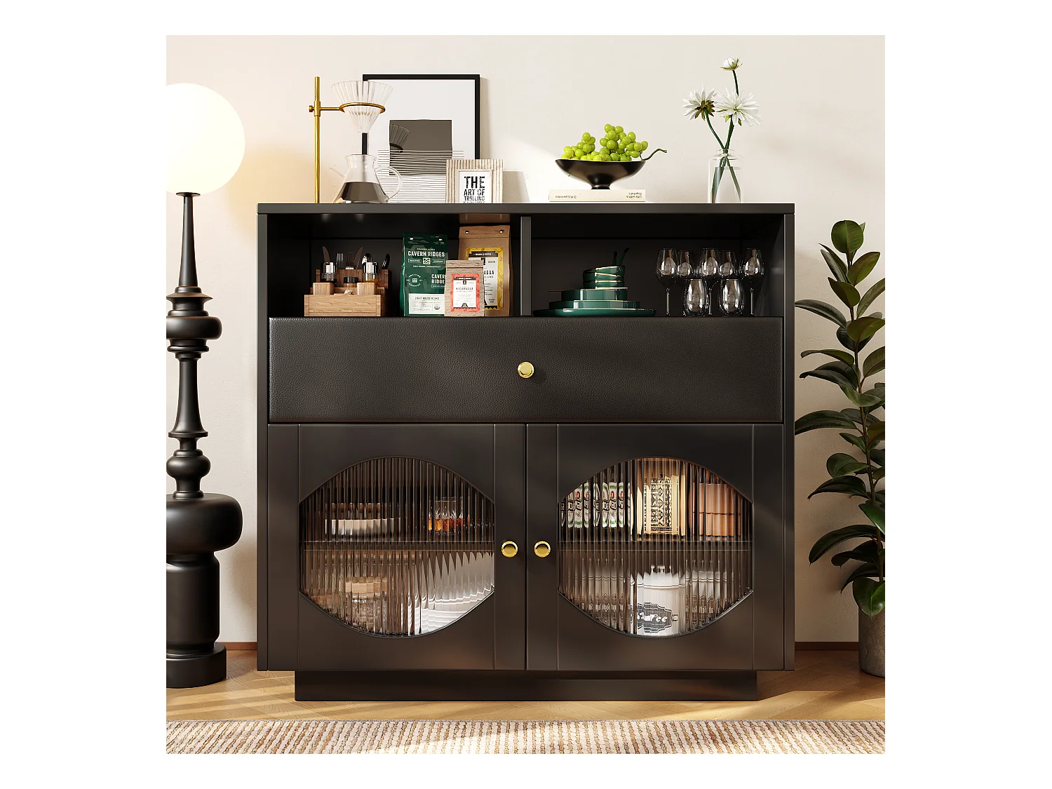 Credenza, mobile da cucina con 2 ante, 1 cassetto e 1 vano aperto - 100 x 40 x 90,5 cm - Legno MDF e vetro - Nero