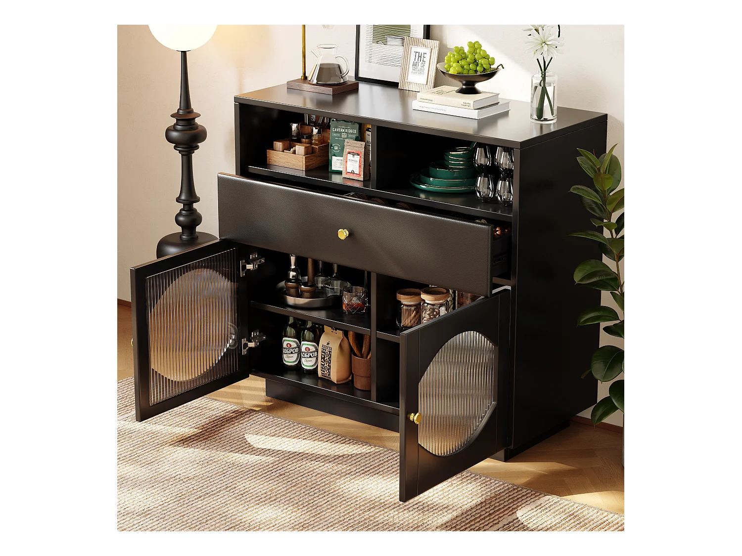 Credenza, mobile da cucina con 2 ante, 1 cassetto e 1 vano aperto - 100 x 40 x 90,5 cm - Legno MDF e vetro - Nero