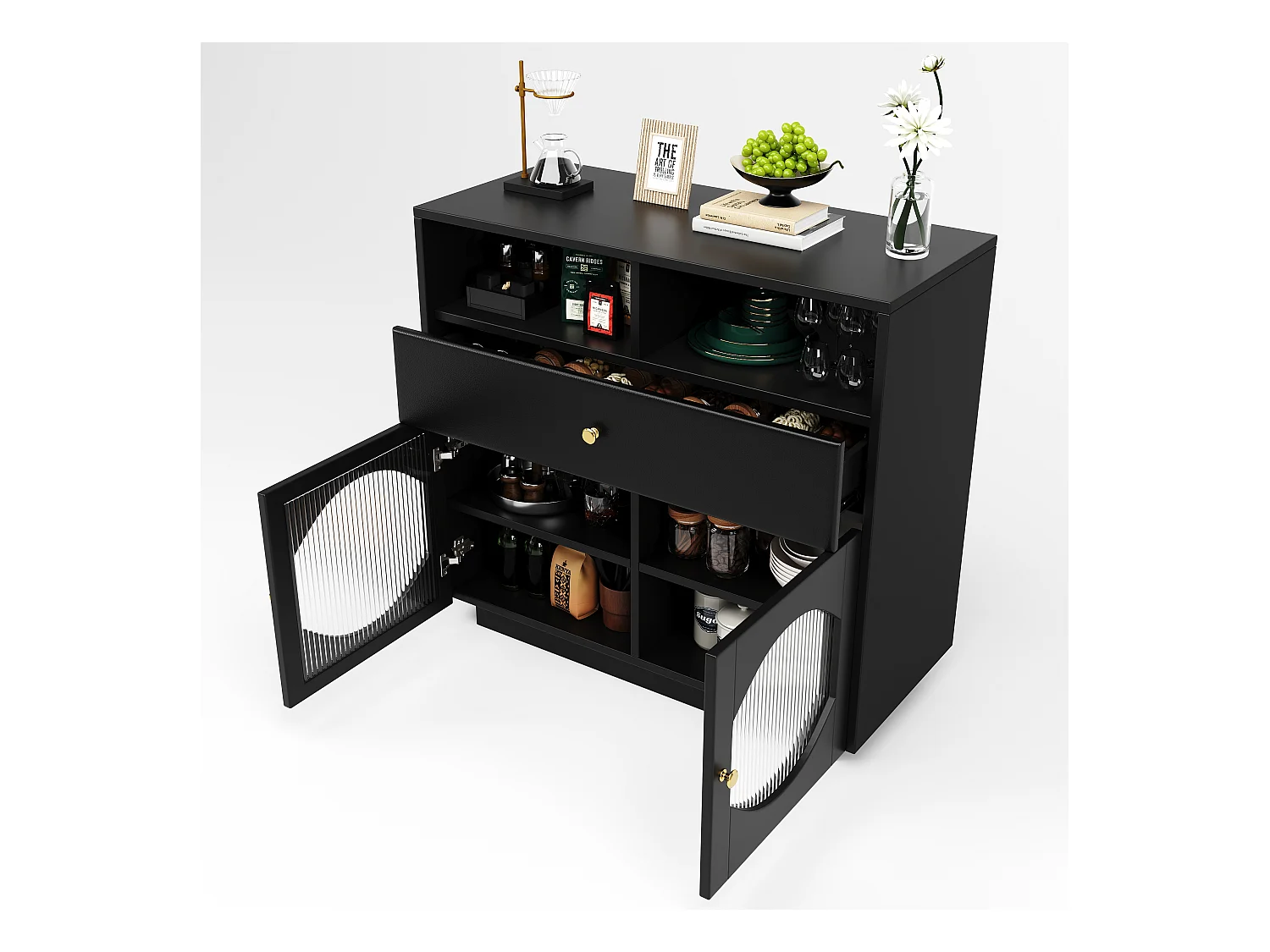 Credenza, mobile da cucina con 2 ante, 1 cassetto e 1 vano aperto - 100 x 40 x 90,5 cm - Legno MDF e vetro - Nero
