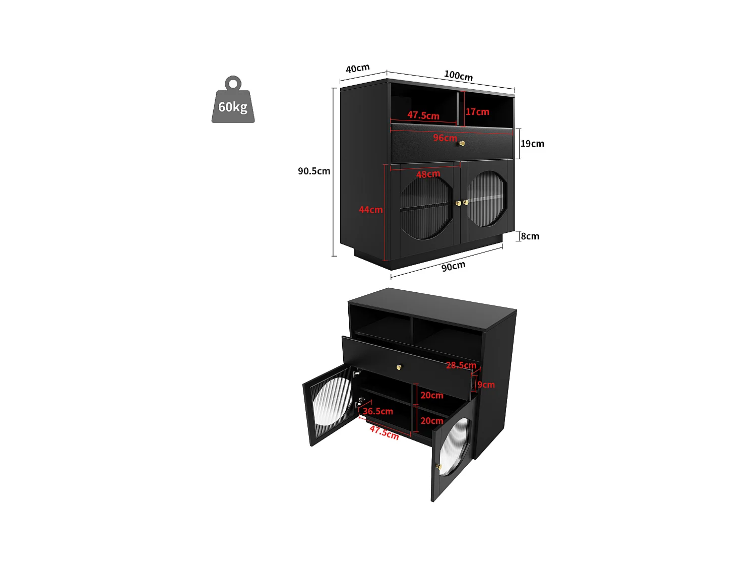 Credenza, mobile da cucina con 2 ante, 1 cassetto e 1 vano aperto - 100 x 40 x 90,5 cm - Legno MDF e vetro - Nero