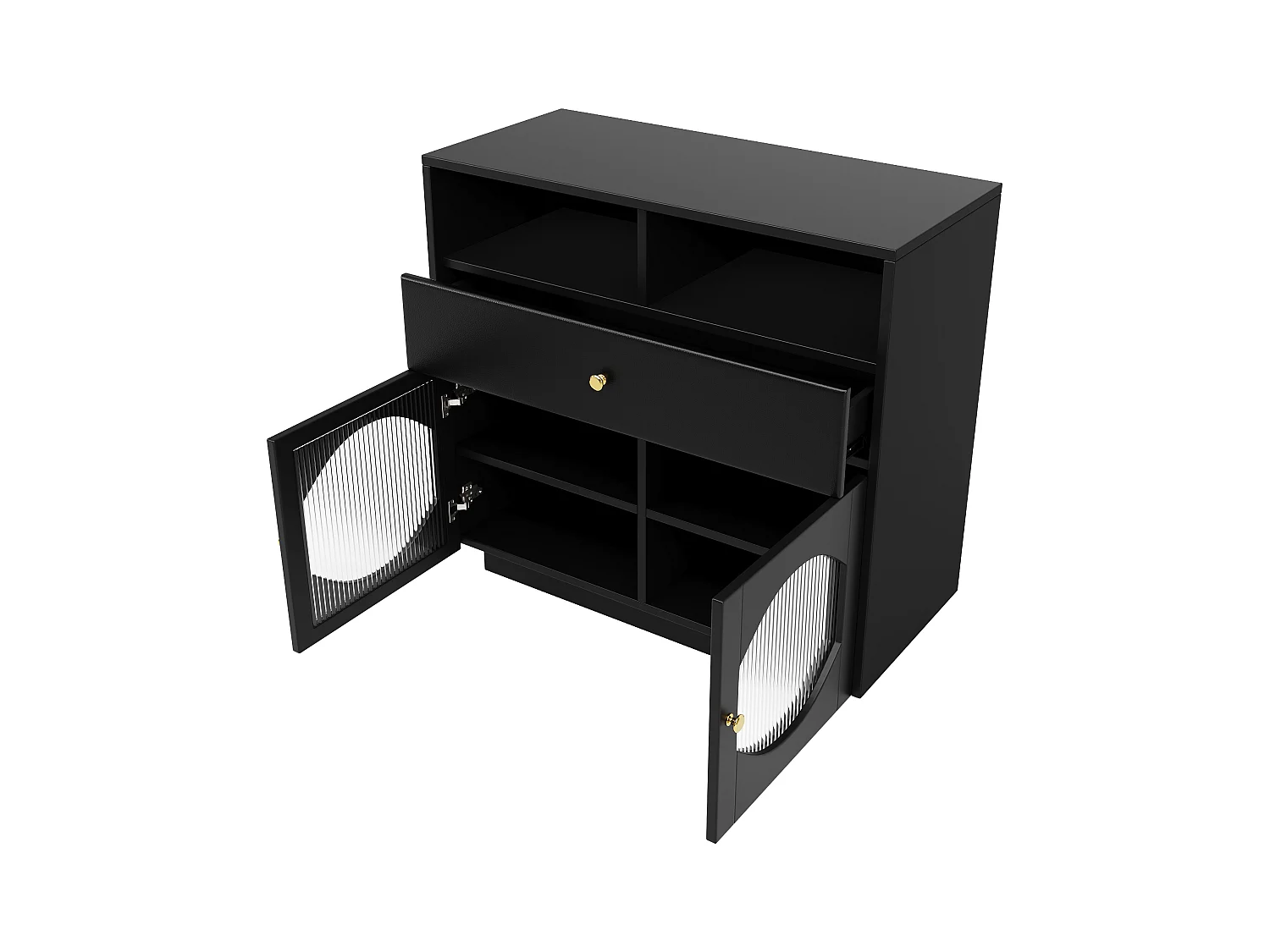 Credenza, mobile da cucina con 2 ante, 1 cassetto e 1 vano aperto - 100 x 40 x 90,5 cm - Legno MDF e vetro - Nero