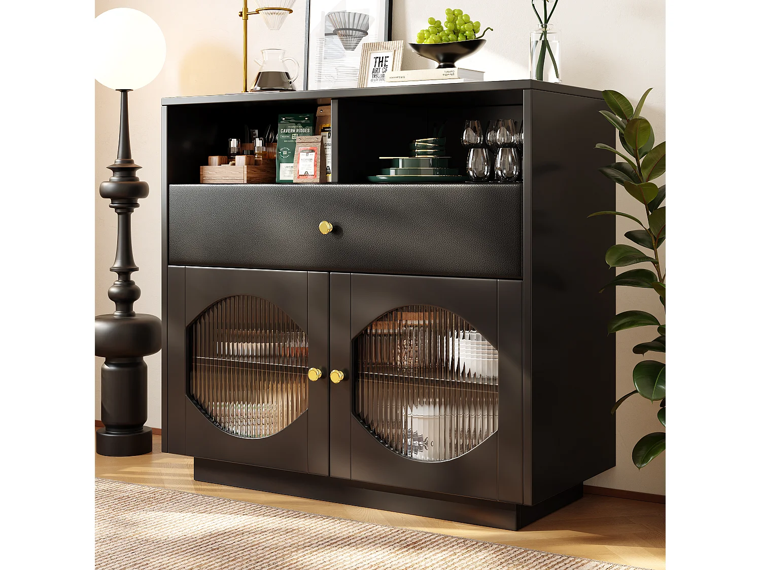 Aparador, armário de cozinha com 2 portas, 1 gaveta e 1 compartimento aberto - 100 x 40 x 90,5 cm - Madeira MDF e vidro - Preto