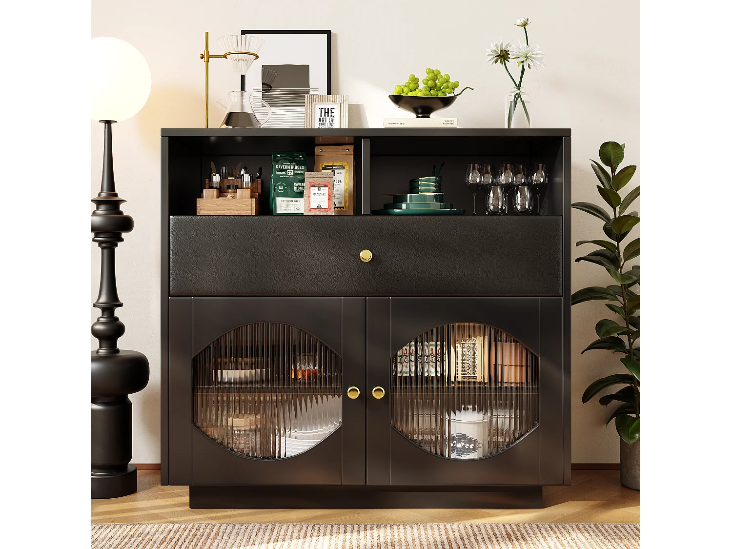 Aparador, armário de cozinha com 2 portas, 1 gaveta e 1 compartimento aberto - 100 x 40 x 90,5 cm - Madeira MDF e vidro - Preto