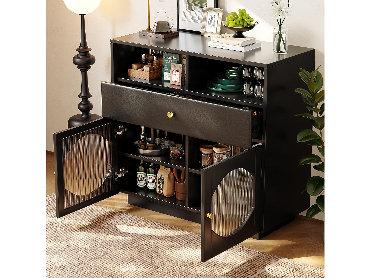 Aparador, armário de cozinha com 2 portas, 1 gaveta e 1 compartimento aberto - 100 x 40 x 90,5 cm - Madeira MDF e vidro - Preto