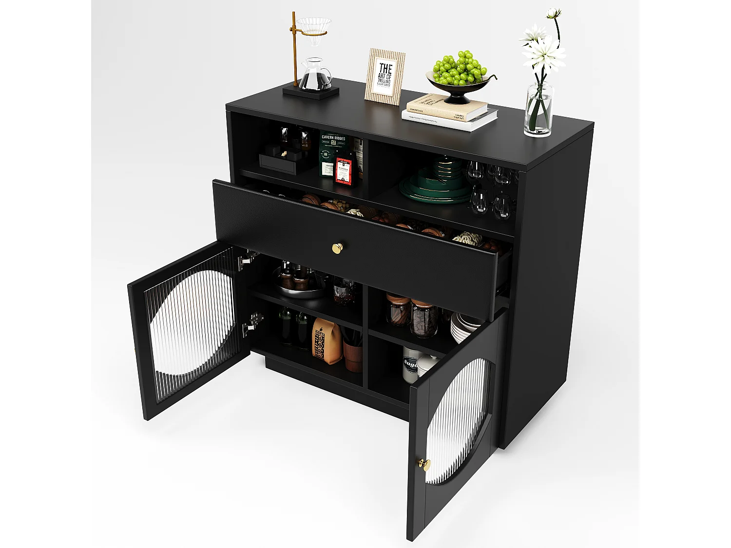 Aparador, armário de cozinha com 2 portas, 1 gaveta e 1 compartimento aberto - 100 x 40 x 90,5 cm - Madeira MDF e vidro - Preto