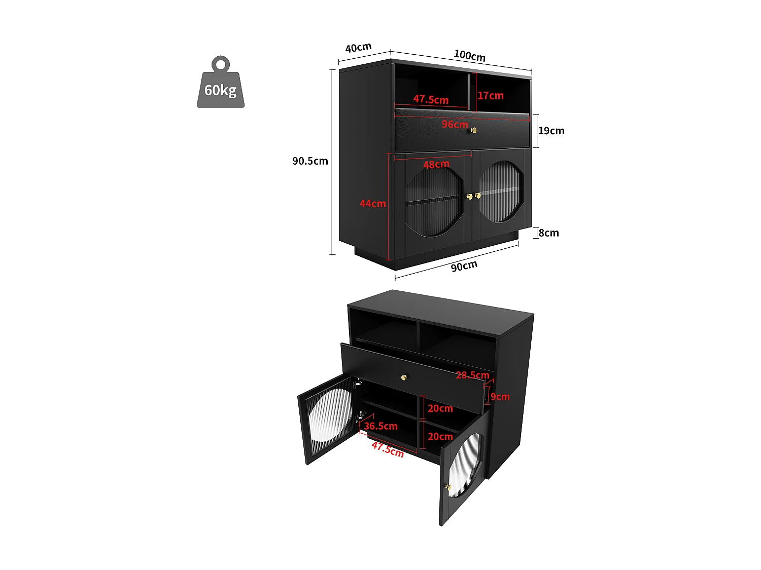Aparador, armário de cozinha com 2 portas, 1 gaveta e 1 compartimento aberto - 100 x 40 x 90,5 cm - Madeira MDF e vidro - Preto