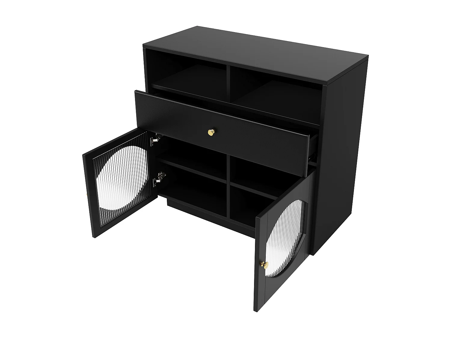 Aparador, armário de cozinha com 2 portas, 1 gaveta e 1 compartimento aberto - 100 x 40 x 90,5 cm - Madeira MDF e vidro - Preto