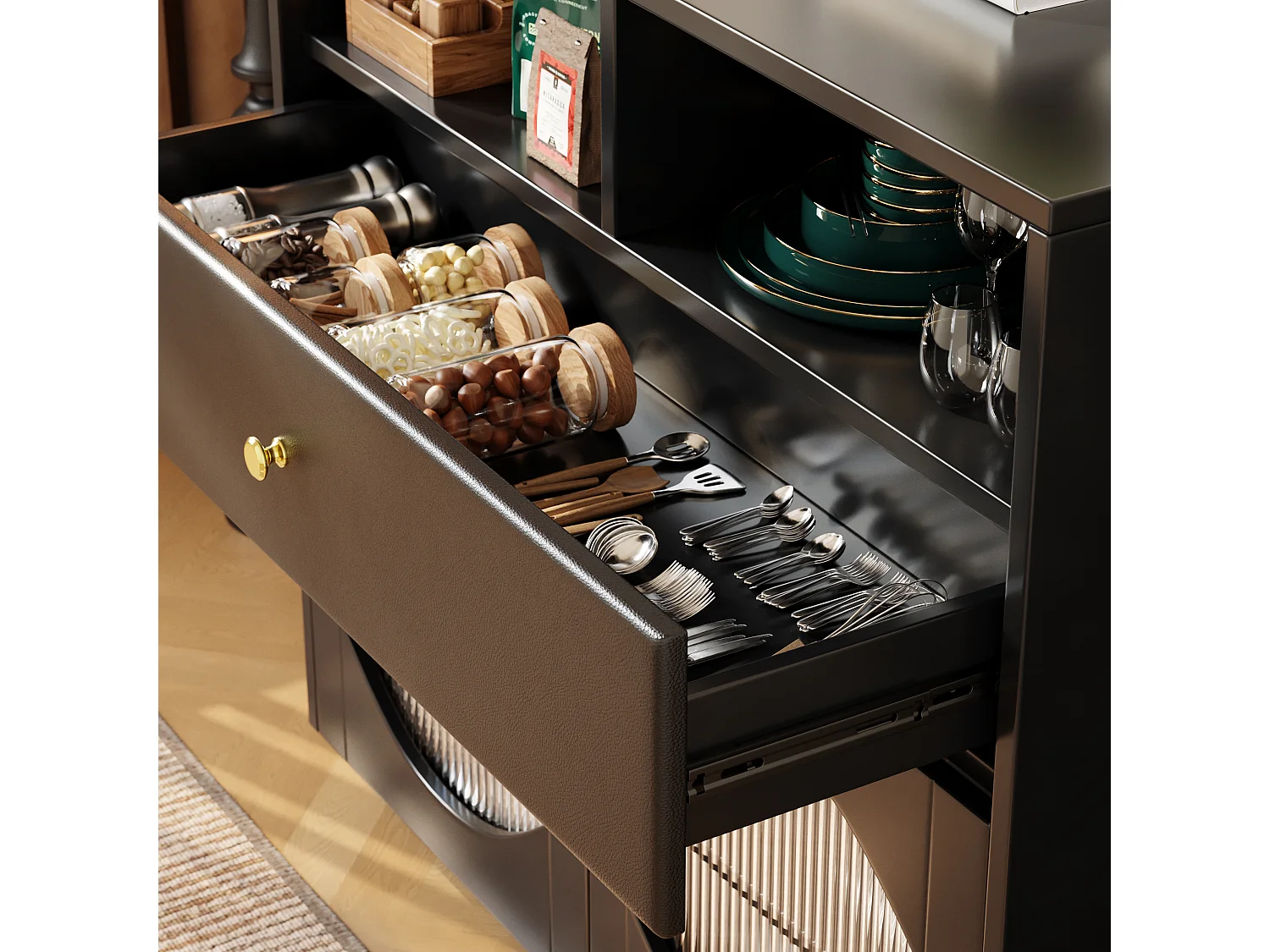 Aparador, armário de cozinha com 2 portas, 1 gaveta e 1 compartimento aberto - 100 x 40 x 90,5 cm - Madeira MDF e vidro - Preto