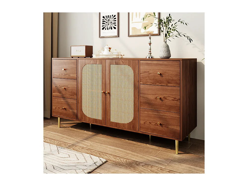 Komoda z 2 drzwiami rattanowymi i 6 szufladami - 160 x 40 x 90 cm - drewno MDF i nogi metalowe w kolorze złotym - do kuchni, domu - brązowa