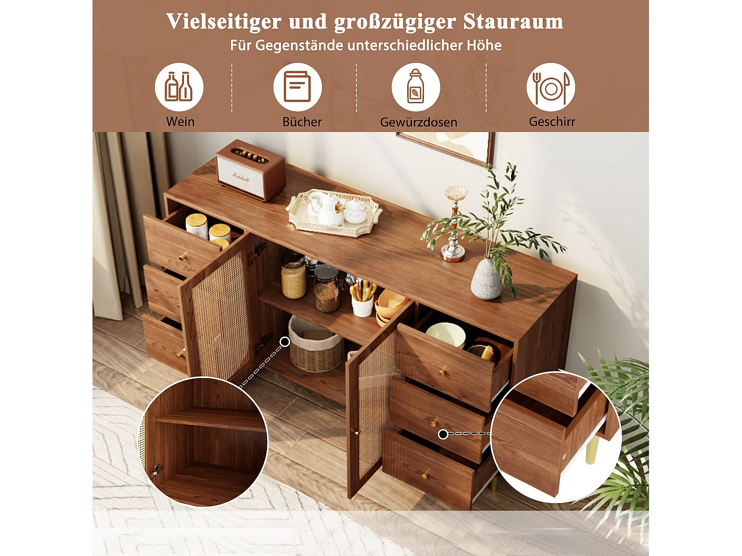 Buffet avec 2 portes rotin et 6 tiroirs - 160 x 40 x 90 cm - Bois MDF et pièds en métal doré - Pour cuisine, maison - Marron