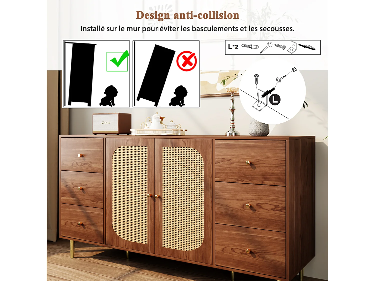 Buffet avec 2 portes rotin et 6 tiroirs - 160 x 40 x 90 cm - Bois MDF et pièds en métal doré - Pour cuisine, maison - Marron