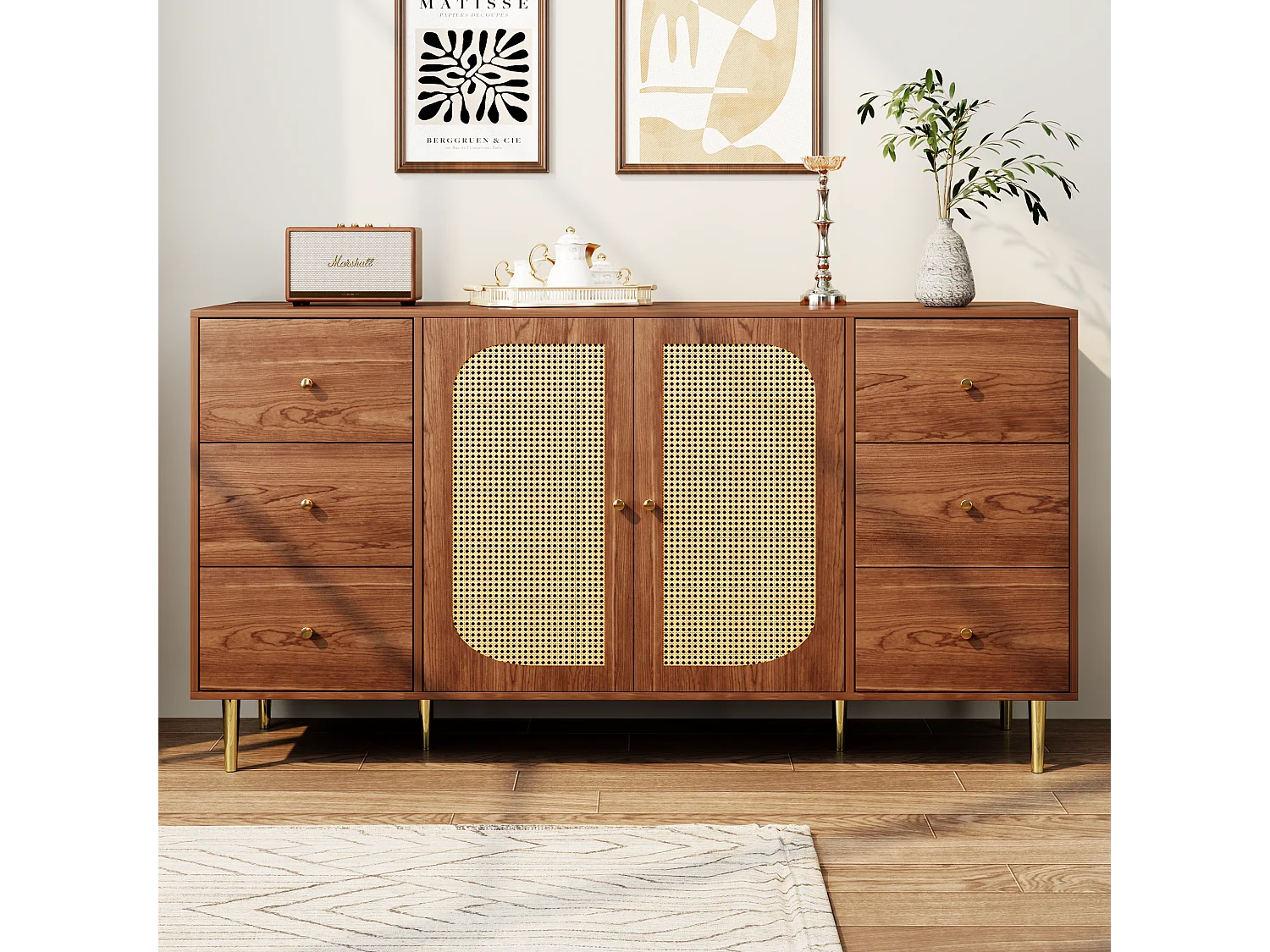 Buffet avec 2 portes rotin et 6 tiroirs - 160 x 40 x 90 cm - Bois MDF et pièds en métal doré - Pour cuisine, maison - Marron