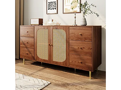 Dressoir met 2 rotan deuren en 6 lades - 160 x 40 x 90 cm - MDF hout en goud metalen poten - Voor keuken, huis - Bruin