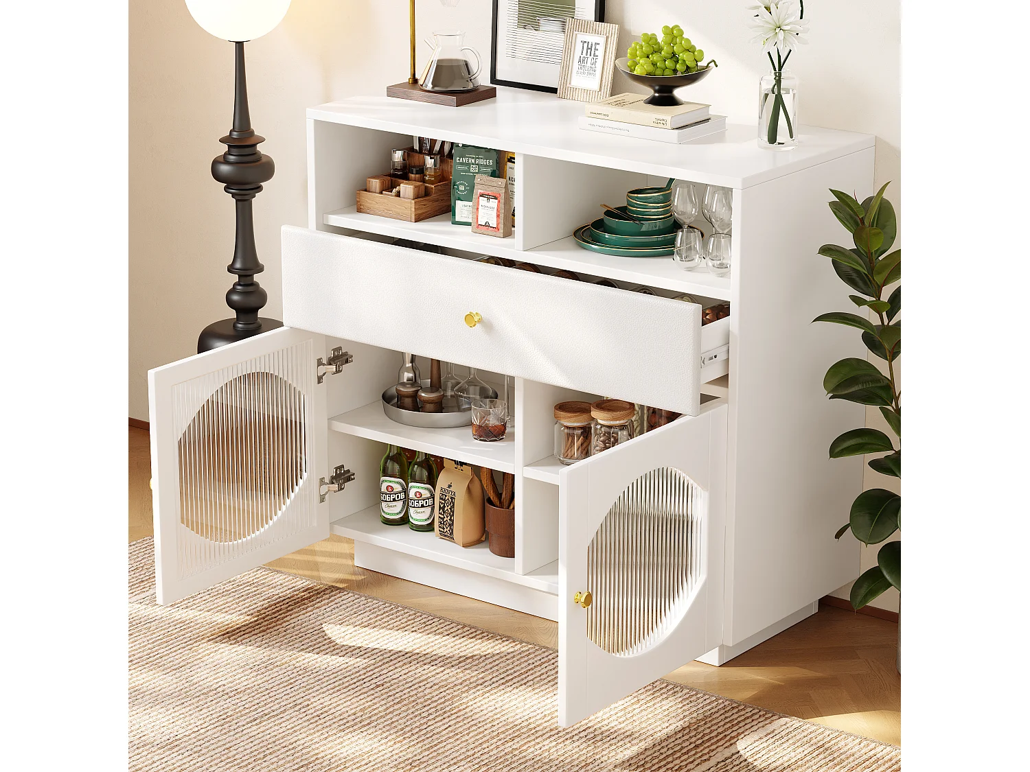 Sideboard, Küchenschrank mit 2 Türen, 1 Schublade und 1 offenem Fach – 100 x 40 x 90,5 cm – MDF-Holz und Glas – Weiß