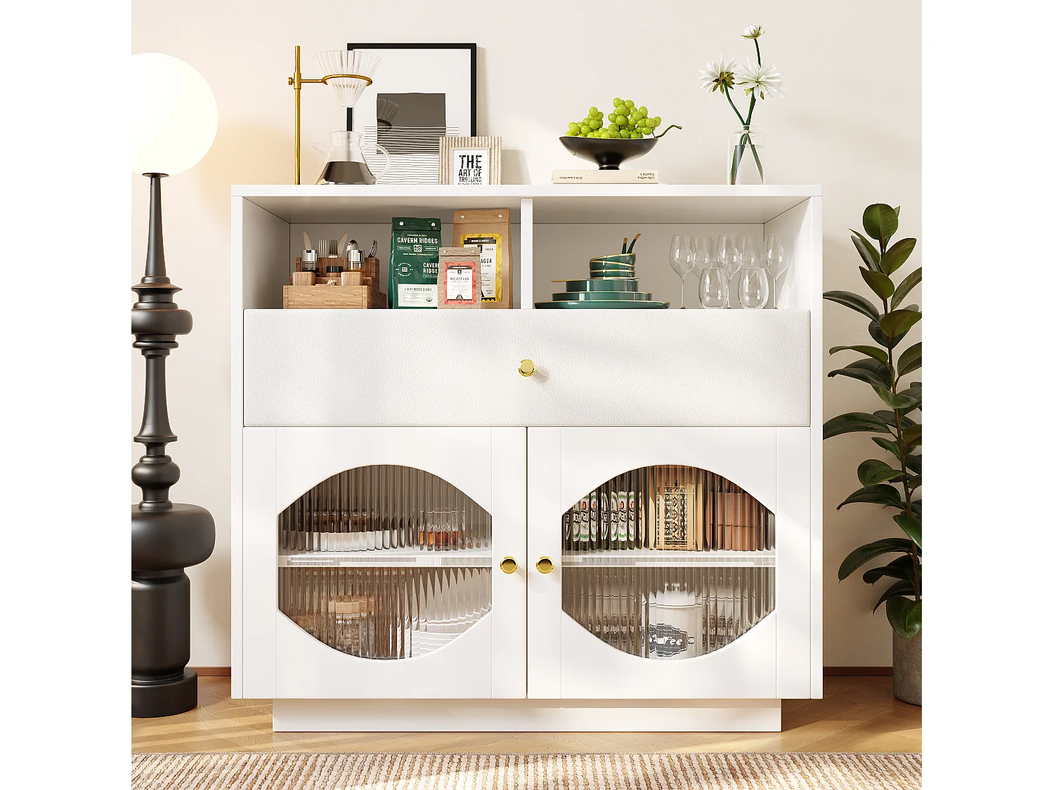 Sideboard, Küchenschrank mit 2 Türen, 1 Schublade und 1 offenem Fach – 100 x 40 x 90,5 cm – MDF-Holz und Glas – Weiß