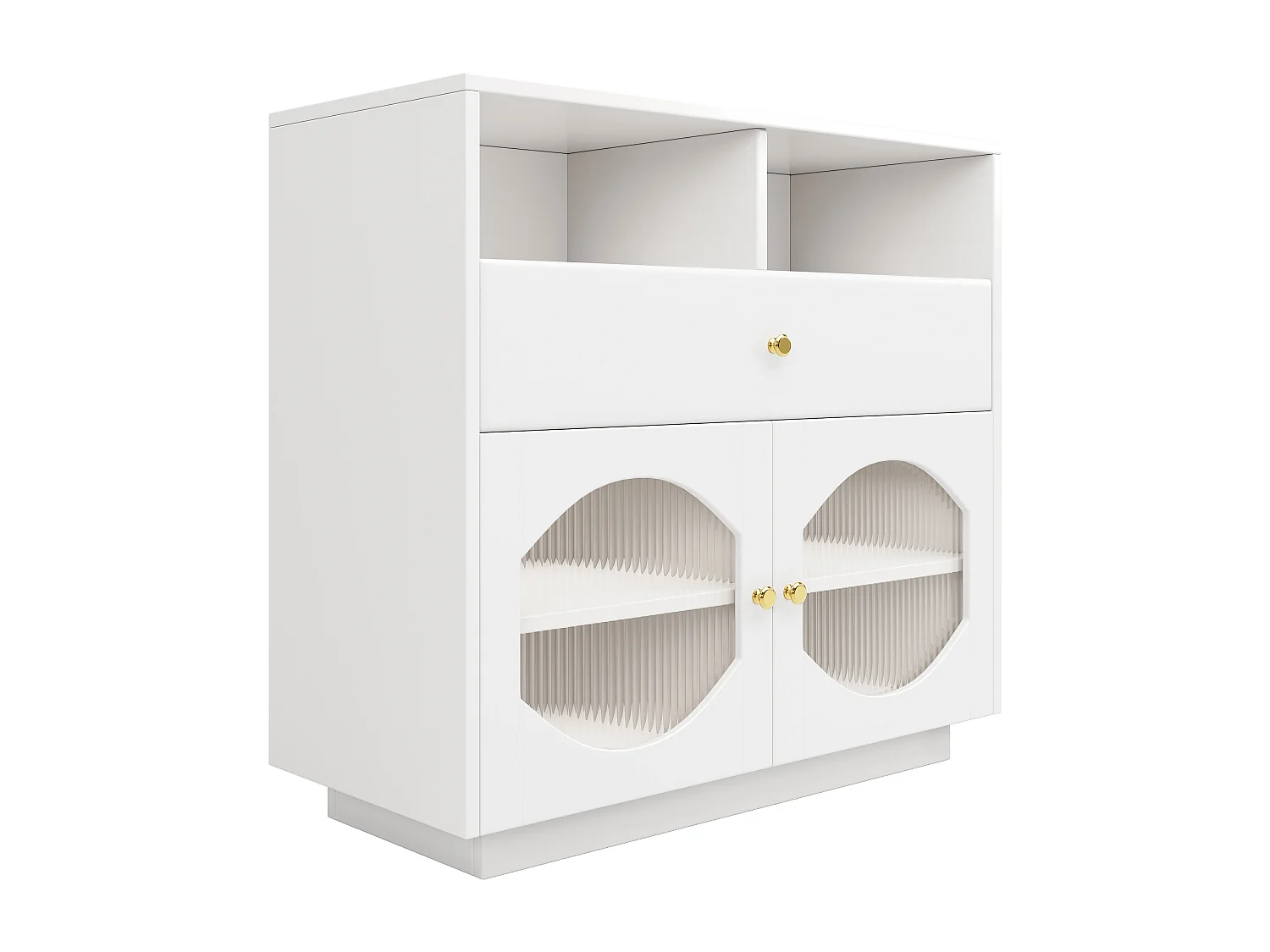 Sideboard, Küchenschrank mit 2 Türen, 1 Schublade und 1 offenem Fach – 100 x 40 x 90,5 cm – MDF-Holz und Glas – Weiß