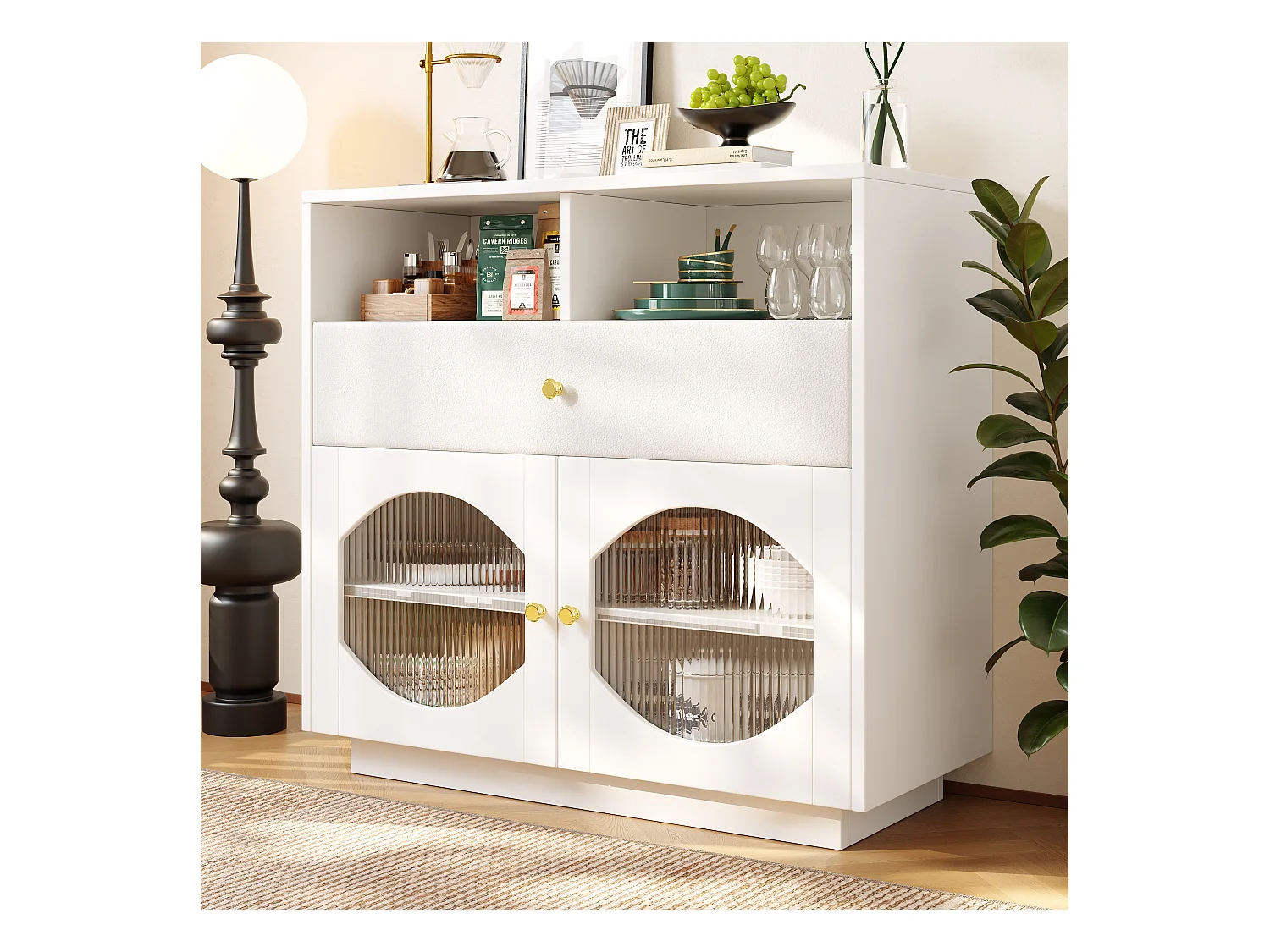 Buffet, armoire de cuisine avec 2 portes, 1 tiroir et 1 compartiment ouvert - 100 x 40 x 90.5 cm - Bois MDF et verre - Blanc