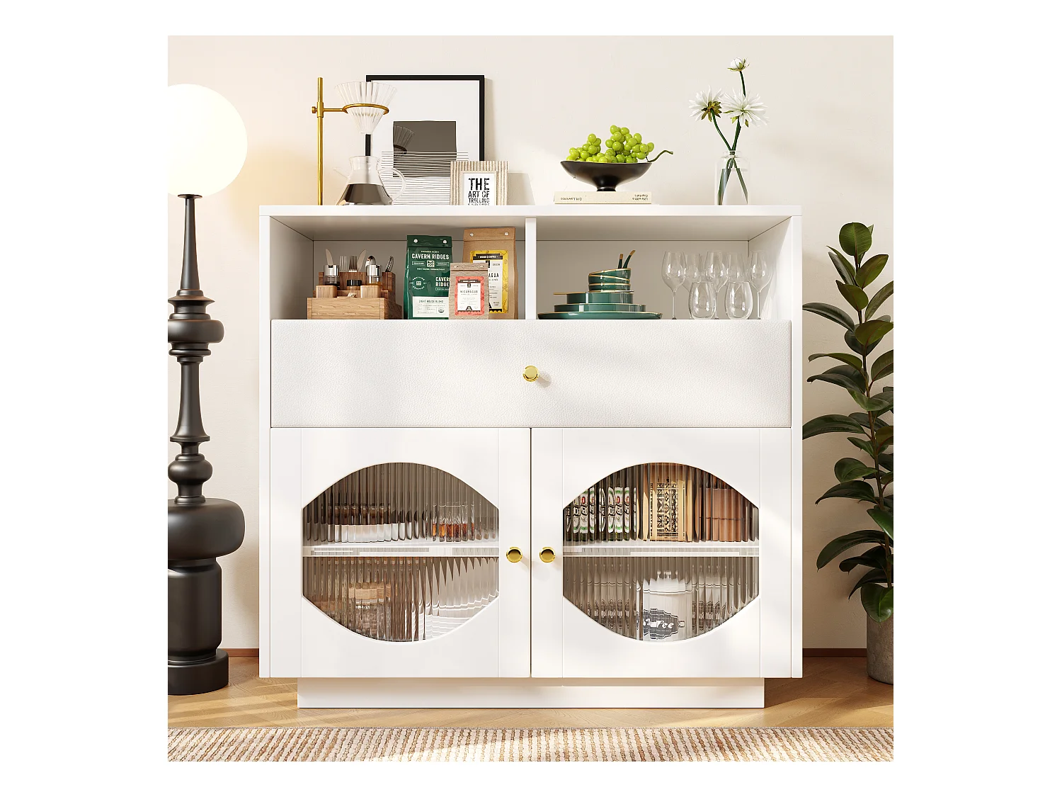 Buffet, armoire de cuisine avec 2 portes, 1 tiroir et 1 compartiment ouvert - 100 x 40 x 90.5 cm - Bois MDF et verre - Blanc