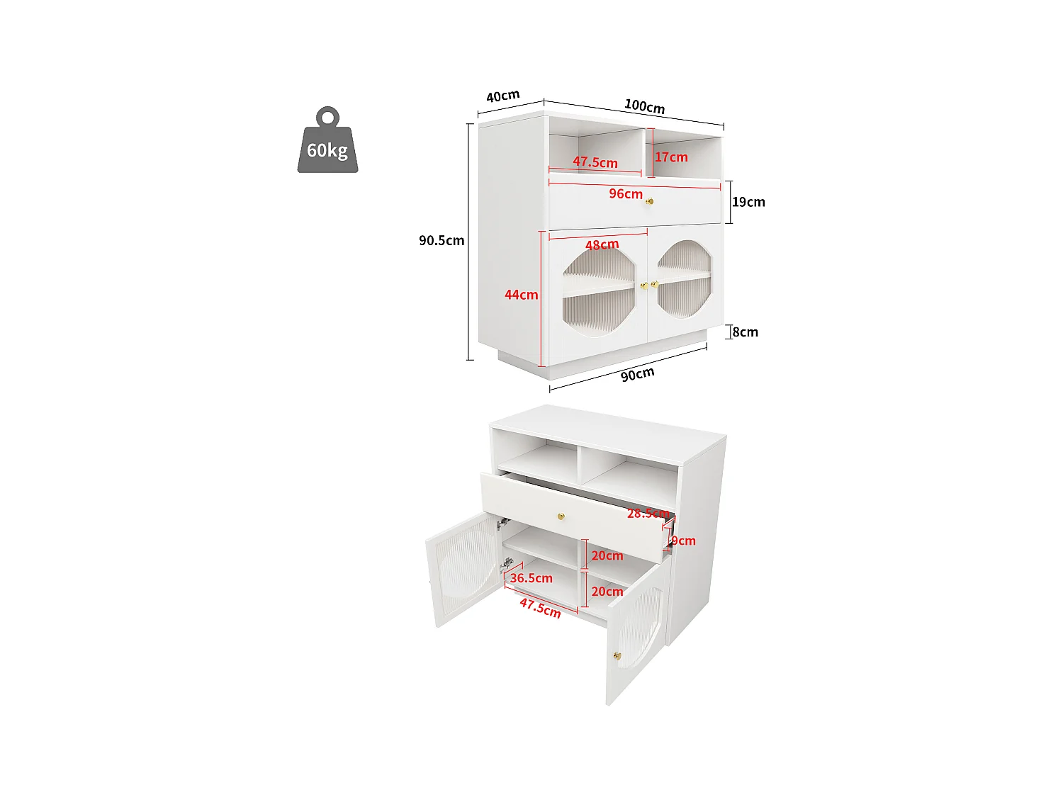 Buffet, armoire de cuisine avec 2 portes, 1 tiroir et 1 compartiment ouvert - 100 x 40 x 90.5 cm - Bois MDF et verre - Blanc