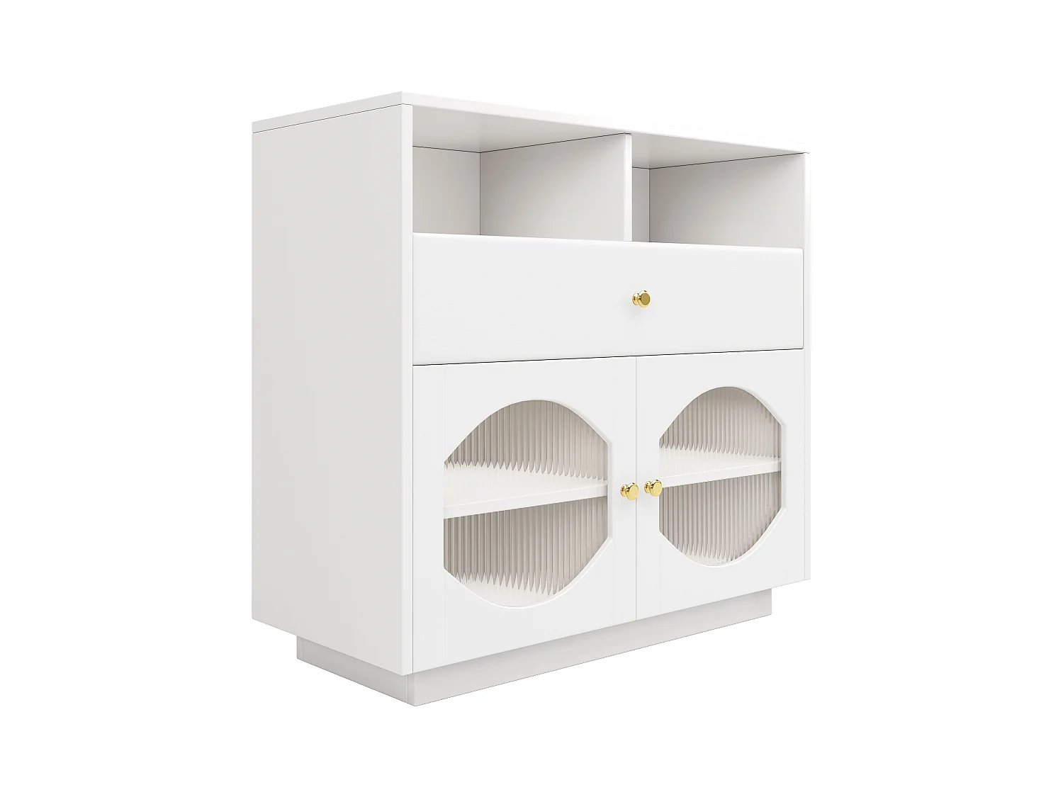 Buffet, armoire de cuisine avec 2 portes, 1 tiroir et 1 compartiment ouvert - 100 x 40 x 90.5 cm - Bois MDF et verre - Blanc