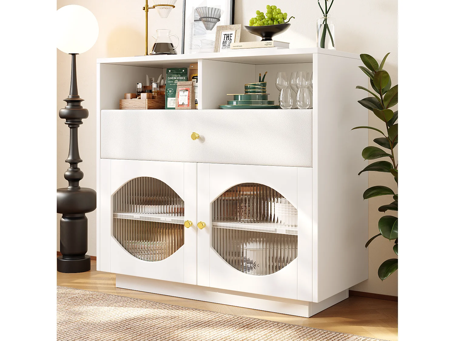 Buffet, armoire de cuisine avec 2 portes, 1 tiroir et 1 compartiment ouvert - 100 x 40 x 90.5 cm - Bois MDF et verre - Blanc