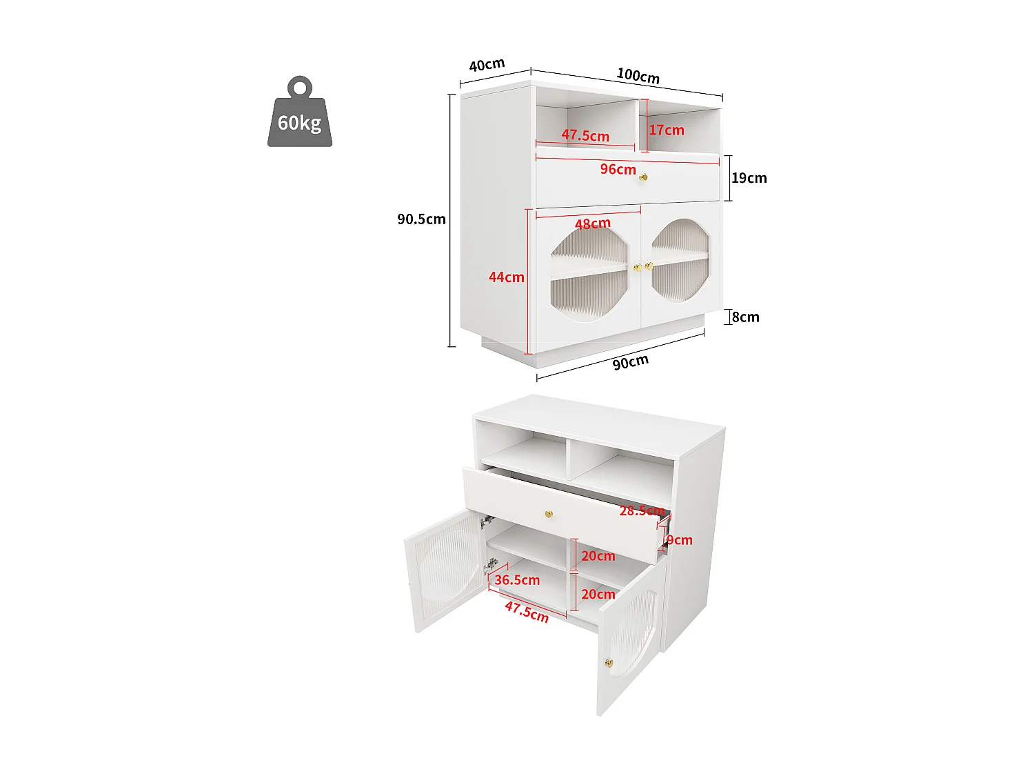 Buffet, armoire de cuisine avec 2 portes, 1 tiroir et 1 compartiment ouvert - 100 x 40 x 90.5 cm - Bois MDF et verre - Blanc