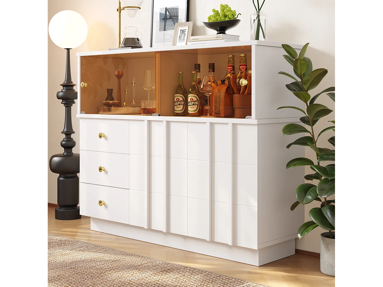 Buffet, armoire de cuisine avec 4 portes et 3 tiroirs - 120 x 33 x 95 cm - Bois MDF et portes en verre fumé - Blanc